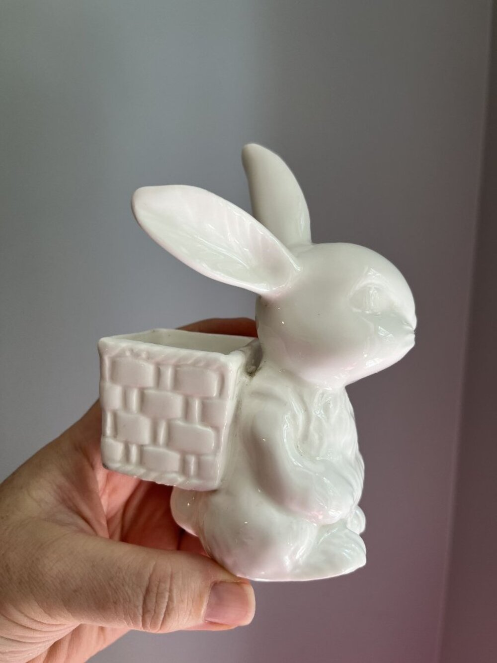 Vintage DEPT 56 White Rabbit Figurine With Basket Ceramic 6" Porcelain